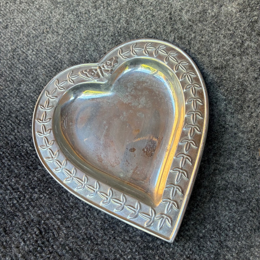 Portmeirion Trinket Dish Heart 6.5" Butterfly Embossed Silver Tone Metal Tray